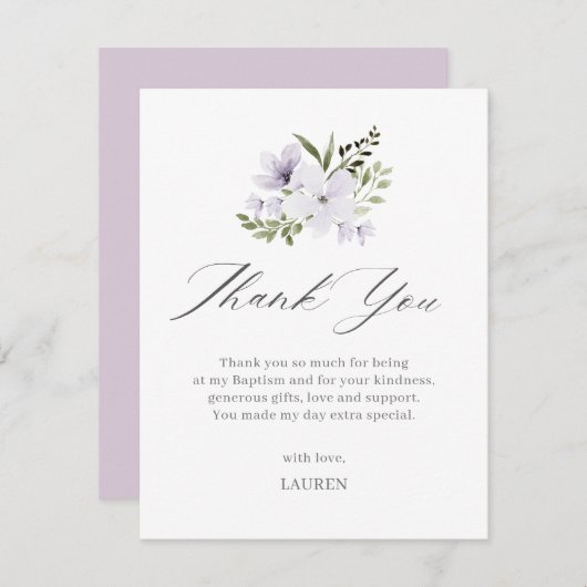 パープルフローラバプティスクロス《キリスト教》洗礼式や命名式 サンキューカード (正面/裏面)