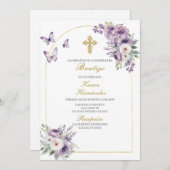 パープルフローラバプテスマスペインのス 招待状 (正面/裏面)