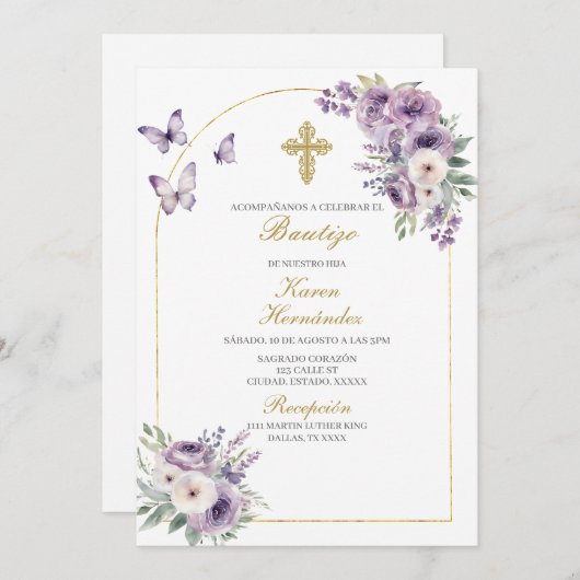 パープルフローラバプテスマスペインのス 招待状 (正面/裏面)