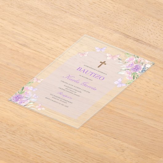 パープルフローラバプテスマスペインの招待状 アクリル招待状 (レイダウン)