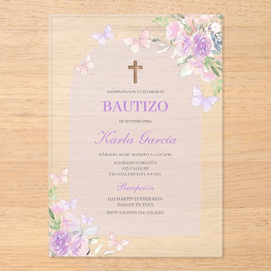 パープルフローラバプテスマスペインの招待状 アクリル招待状 (正面)