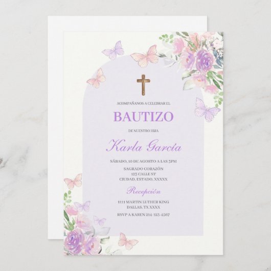 パープルフローラバプテスマスペインの招待状 招待状 (正面/裏面)