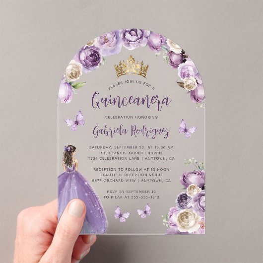 パープルフローラバラウォーターカラーキンセアニラ アクリル招待状 (インサイチュ (ポータブル))