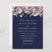 パープルフローラバラネイビー結婚式招待状 招待状 (正面)