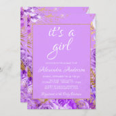 パープルフローラバラベビーシャワーモノグラム 招待状 (正面/裏面)