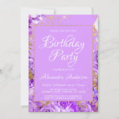 パープルフローラバラモノグラムバースデーパーティー 招待状 (正面)
