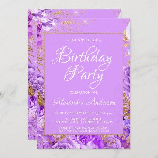 パープルフローラバラモノグラムバースデーパーティー 招待状 (正面/裏面)