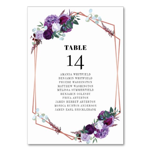 パープルフローラバラ結婚金ゴールドのシーティングカード テーブルナンバー (正面)