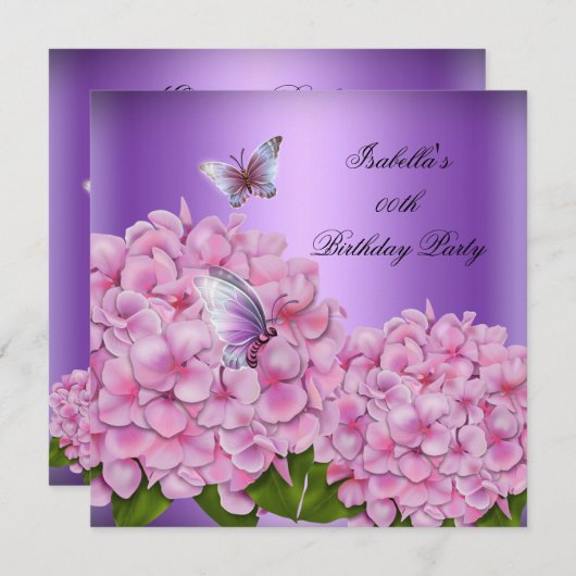 パープルフローラピンクバタフライバースデーパーティー 招待状 (正面/裏面)
