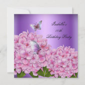 パープルフローラピンクバタフライバースデーパーティー 招待状 (正面)