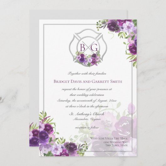 パープルフローラファイヤーファイターモノグラム招待状 招待状 (正面/裏面)