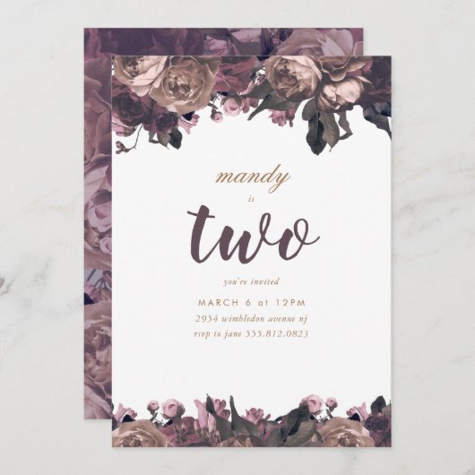 パープルフローラファンタジーガール誕生日 招待状 (正面/裏面)