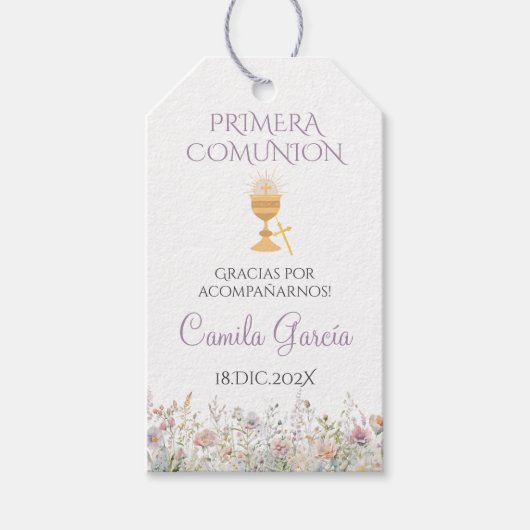 パープルフローラファーストコミュニオンギフトラベル ギフトタグ (正面)