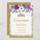 パープルフローラフェイク金ゴールドグリッターティアラキンセアニェラ 招待状 (正面/裏面)