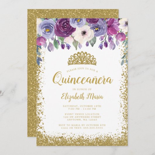 パープルフローラフェイク金ゴールドグリッターティアラキンセアニェラ 招待状 (正面/裏面)