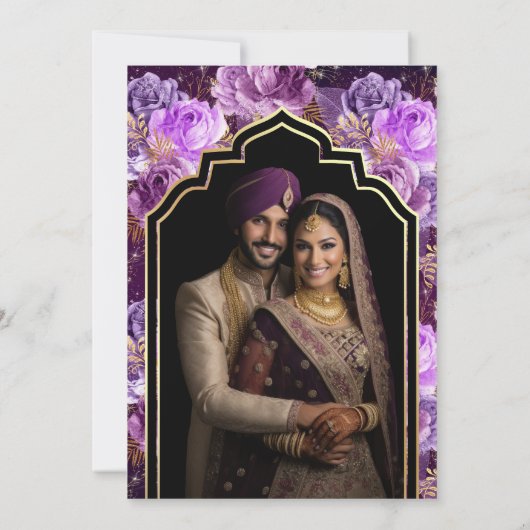 パープルフローラフォトアナンドKaraj Sikh結婚ズ 招待状 (裏面)