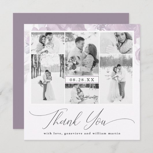パープルフローラフォトコラージュ結婚の感謝 招待状 (正面/裏面)