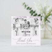 パープルフローラフォトコラージュ結婚の感謝 招待状 (スタンド正面)