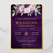 パープルフローラフォト結婚インディアンの金ゴールド 箔招待状 (正面)