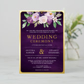 パープルフローラフォト結婚インディアンの金ゴールド 箔招待状 (立ち正面)