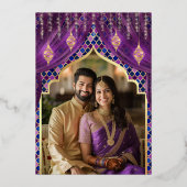 パープルフローラフォト結婚インディアンの金ゴールド 箔招待状 (裏面)