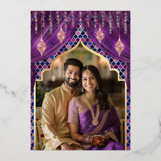 パープルフローラフォト結婚インディアンの金ゴールド 箔招待状 (裏面)