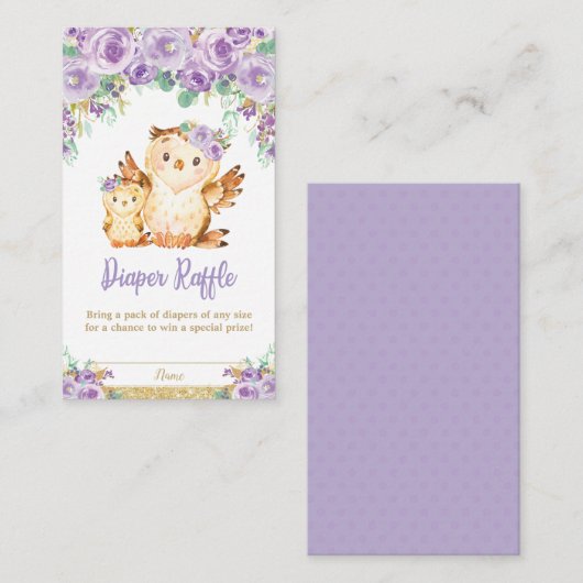 パープルフローラフクロウ赤ちゃんシャワーおむつラッフル エンクロージャーカード (正面/裏面)