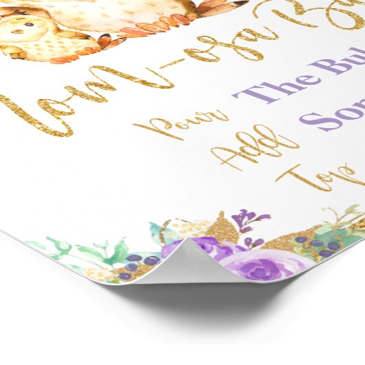 パープルフローラフクロウ赤ちゃんシャワー桃砂バーサイン ポスター (角)