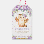 パープルフローラフクロウ1歳の誕生日パーティーありがとう ギフトタグ (正面)