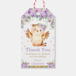 パープルフローラフクロウ1歳の誕生日パーティーありがとう ギフトタグ