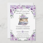 パープルフローラブックニューチャプターブライダルシャワー 招待状 (正面)