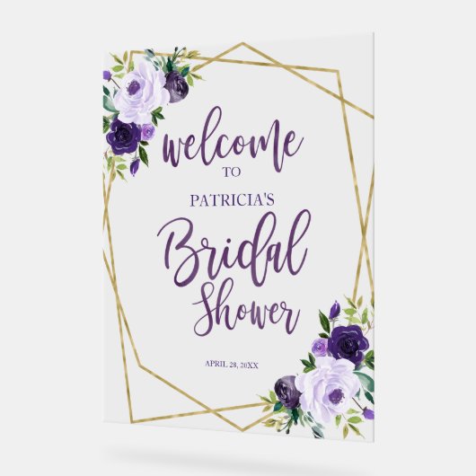 パープルフローラブライダルシャワーへようこそ アクリルサイン (傾斜)