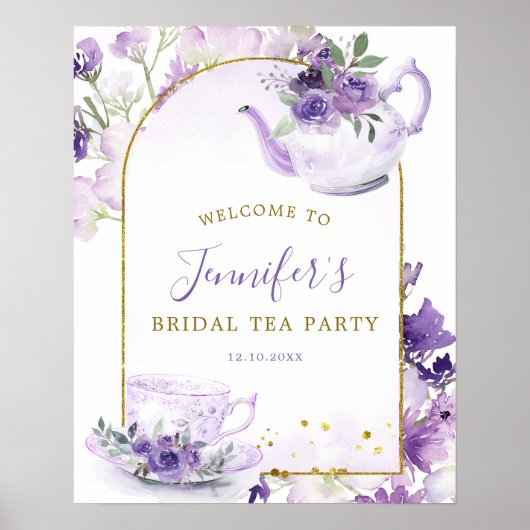 パープルフローラブライダルシャワーティーウェルカムサイン ポスター (正面)