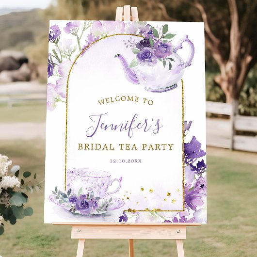 パープルフローラブライダルシャワーティーウェルカムサイン ポスター