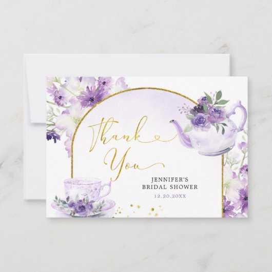 パープルフローラブライダルシャワーティーサンキューカード サンキューカード (正面)