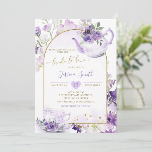 パープルフローラブライダルシャワーティーパーティの招待状 招待状 (スタンド正面)
