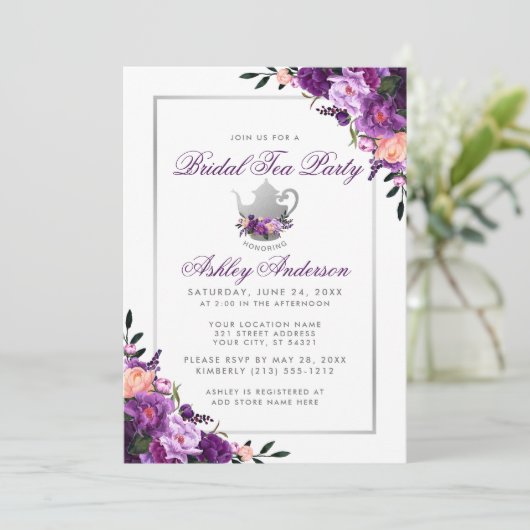 パープルフローラブライダルシャワーティーパーティの招待状P 招待状 (スタンド正面)