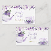 パープルフローラブライダルシャワーティーパーティー座席表 プレイスカード (正面/裏面)