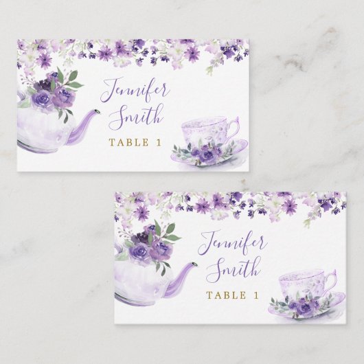 パープルフローラブライダルシャワーティーパーティー座席表 プレイスカード (正面/裏面)