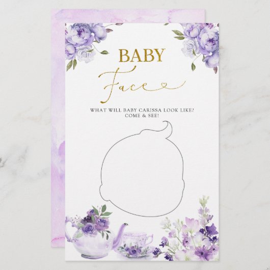 パープルフローラブライダルシャワーティーベビー顔ゲーム (正面/裏面)