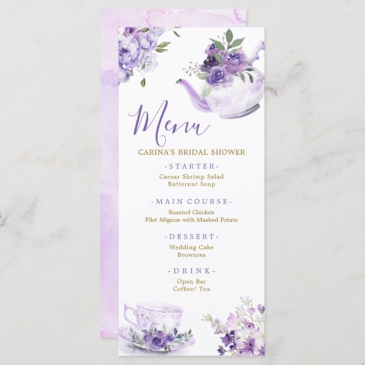 パープルフローラブライダルシャワーティーメニューカード メニュー (正面/裏面)