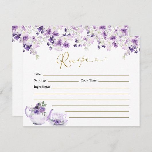 パープルフローラブライダルシャワーティーレシピカード 招待状 (正面/裏面)