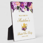 パープルフローラブライダルシャワーティー金ゴールドへようこそ フォトプラーク (側面)