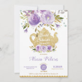 パープルフローラブライダルシャワーハイティーガーデンパーティー 招待状 (正面)