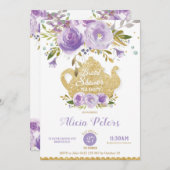 パープルフローラブライダルシャワーハイティーガーデンパーティー 招待状 (正面/裏面)