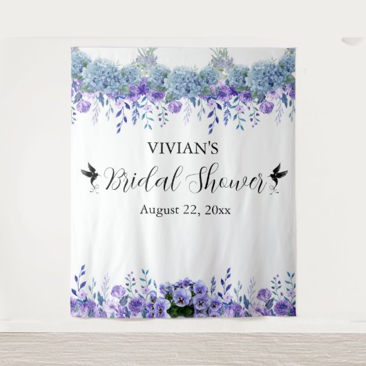 パープルフローラブライダルシャワーフォトブース背景 タペストリー (正面)