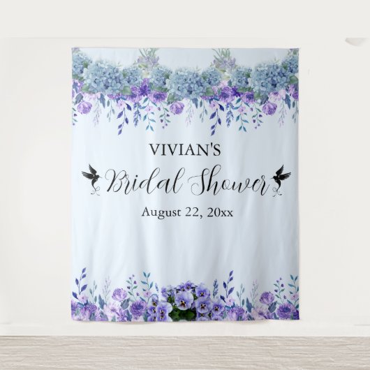 パープルフローラブライダルシャワーフォトブース背景 タペストリー (正面)