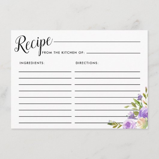 パープルフローラブライダルシャワーレシピカード エンクロージャーカード (正面)
