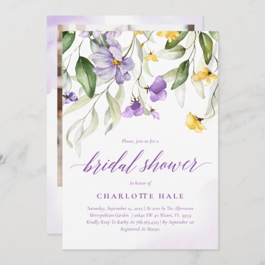 パープルフローラブライダルシャワー 招待状 (正面/裏面)