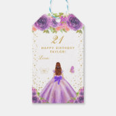 パープルフローラブラウンヘアガールハッピーバースデー ギフトタグ (正面)